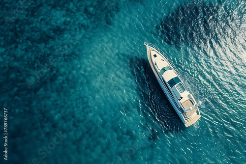 Drone view of a motor boat. Luxury transportation. Vacation and holidays. Summer time for sea travel. The sea bay. Photo for background and wallpaper . © crescent