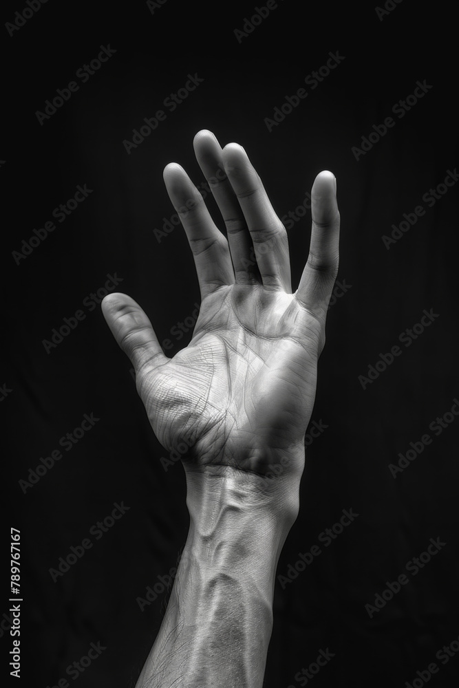 Fototapeta premium Studio, reach and hand of man for support, faith and hope for connection with mental health. Power, touch and gratitude with strong arm on black background for help with trauma, stress and anxiety