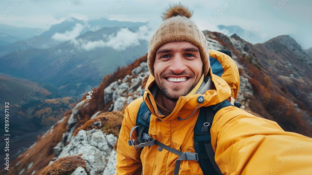 A hiker takes a selfie at the top of the mountain on National Hiking Day, capturing the joy and triumph of a successful climb.