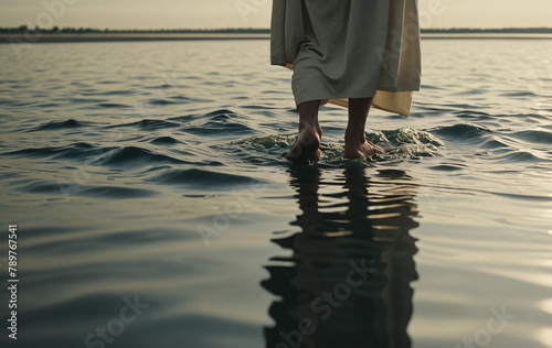 Jesus walking on water close up of feet walking on sea or ocean	
