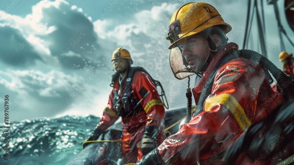 Two men in orange and yellow safety gear are on a boat in the ocean Two men in orange and yellow safety gear are on a boat in the ocean