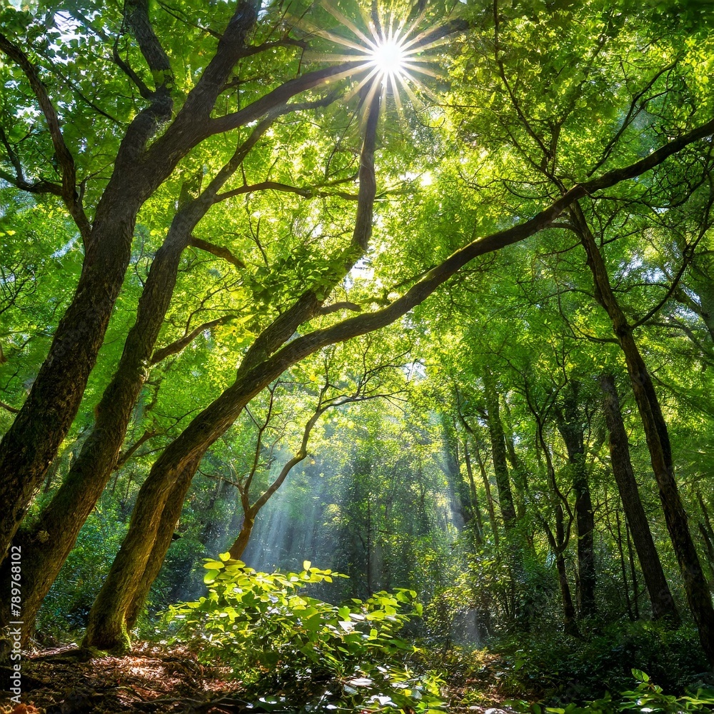 Obraz premium a lush, vibrant forest scene with sunlight filtering through the canopy, illuminating every leaf and greenery munton.