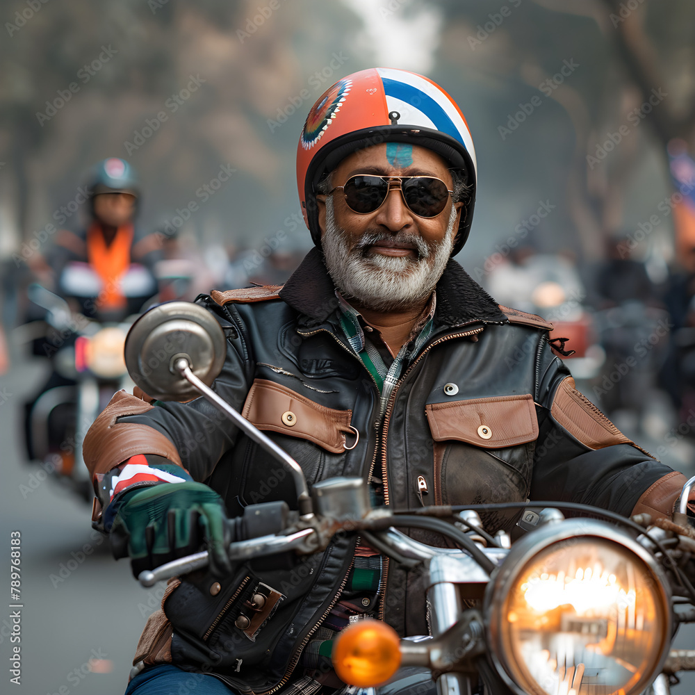 Middle-aged Indian man riding motorcycle in Republic Day celebration. Middle-aged Indian man riding motorcycle in Republic Day celebration.