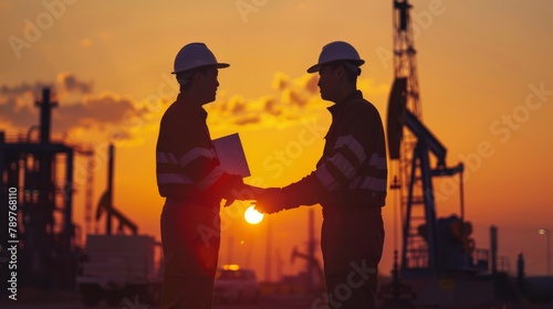 Two men shake hands in front of a large oil rig