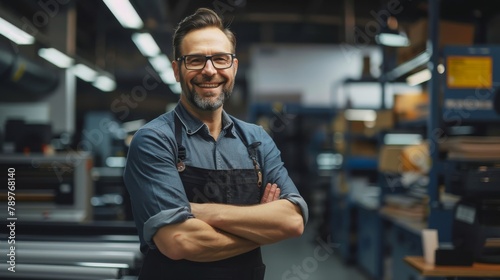 A man in a blue shirt and apron is smiling and posing for a picture © Oulailux