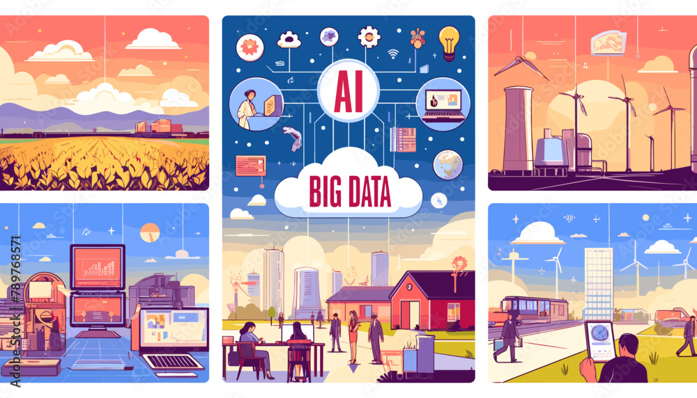 Conceptual Concepts of Big Data and Machine Learning Applications Using Artificial Intelligence. Vector illustration.