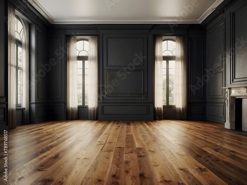 An expansive room with polished wood flooring housing a large empty picture frame for decoration design.