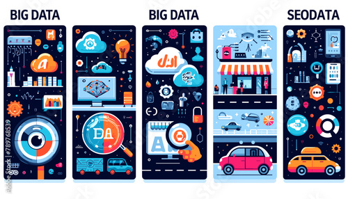 Conceptual Concepts of Big Data and Machine Learning Applications Using Artificial Intelligence. Vector illustration.
