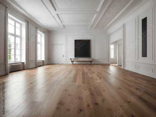 An expansive room with polished wood flooring housing a large empty picture frame for decoration design.