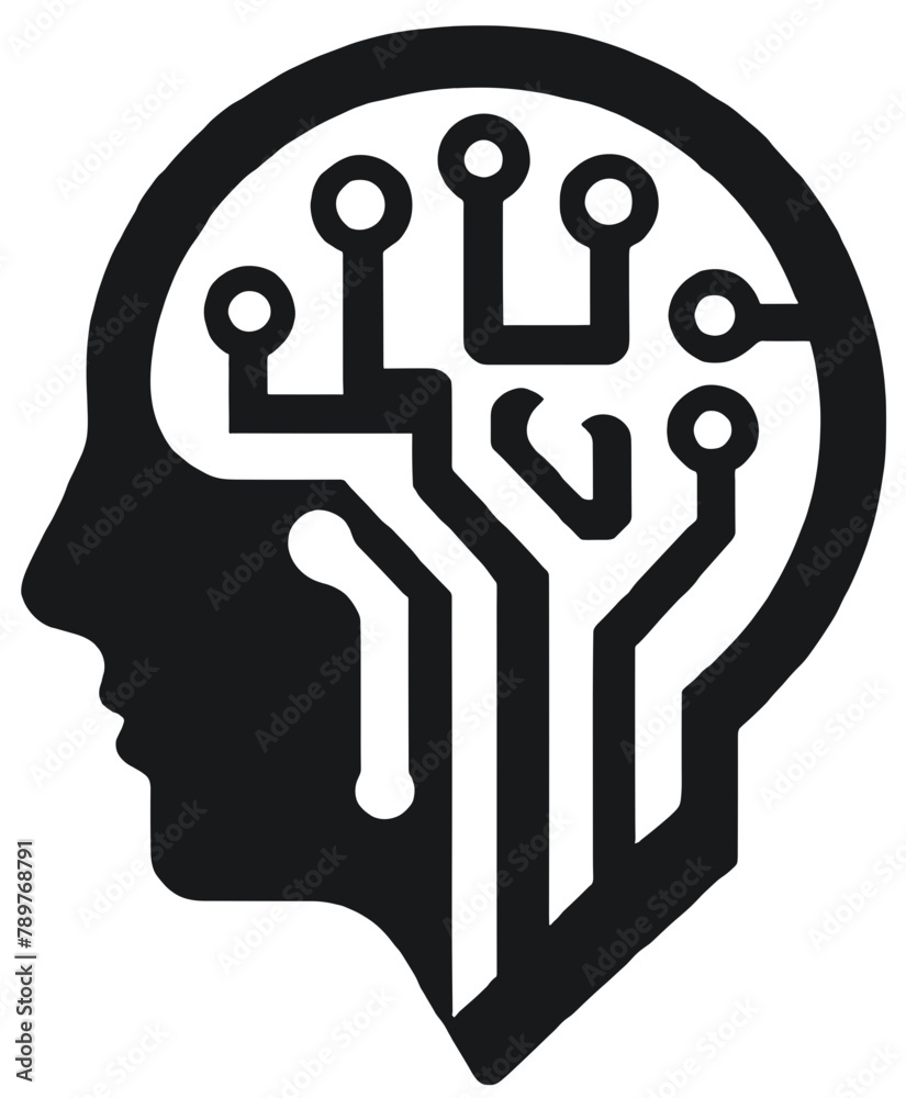 Intricate tech-inspired black and white icon of a human head with a digital brain circuit pattern Intricate tech-inspired black and white icon of a human head with a digital brain circuit pattern