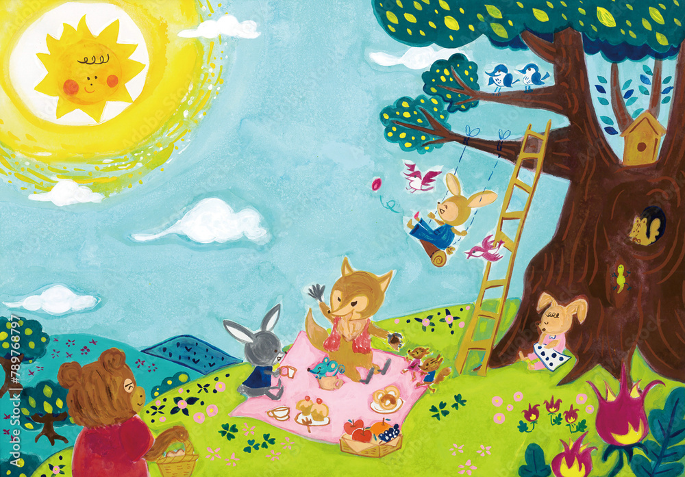 Obraz premium 春の日にピクニックをしている動物たちのイラスト