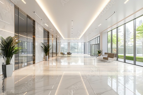 Hotel or office building lobby blur background interior view toward reception hall, modern luxury white room space with blurry corridor and building glass wall window. . © crescent