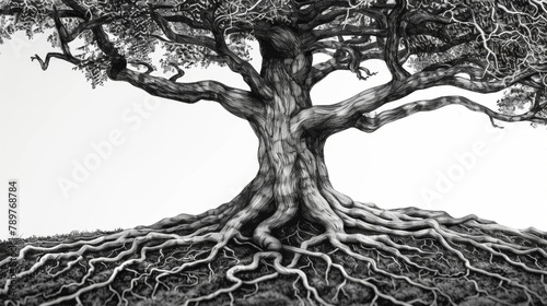 A black and white sketch of a tree its gnarled roots delving deep into the earth representing the natural source of the biofuel molecules depicted within its branches. . photo
