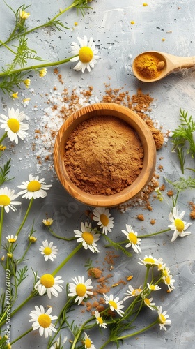 Flat lay extract chamomile flower flour natural skincare ingredient