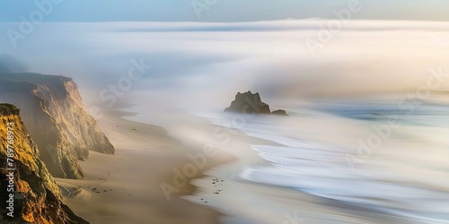 Amazing ocean coast in white fog. A calm and mysterious landscape. Space to copy. Generative AI