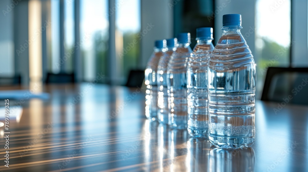 Mineral water bottles placed on a table in conference room. Mineral water bottles placed on a table in conference room.
