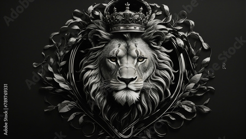A grayscale image of a lion's head with a crown on its head.