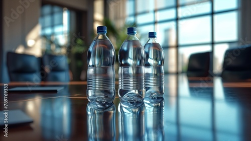 Mineral water bottles placed on a table in conference room. © Pro Hi-Res