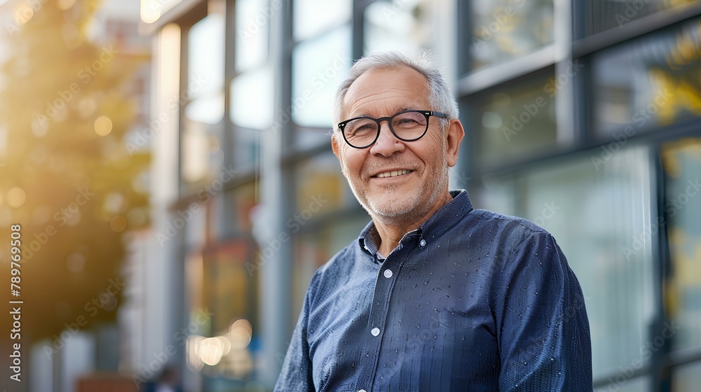Obraz premium Portrait of smiling senior man in casual shirt and glasses standing against modern office building, looking at camera with copy space. Smiling middle aged business concept. generative AI