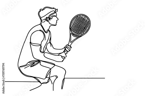 One continuous black line hand drawing of man playing tennis Doodle linear drawing man cartoon palyer on white. vector