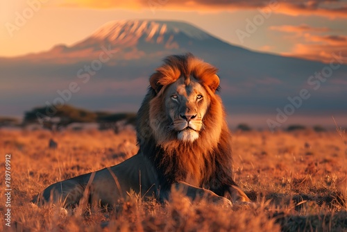 Lion portrait on savanna. Mount Kilimanjaro. Lion portrait on savanna landscape background and Mount Kilimanjaro at sunset. Panoramic version © crescent