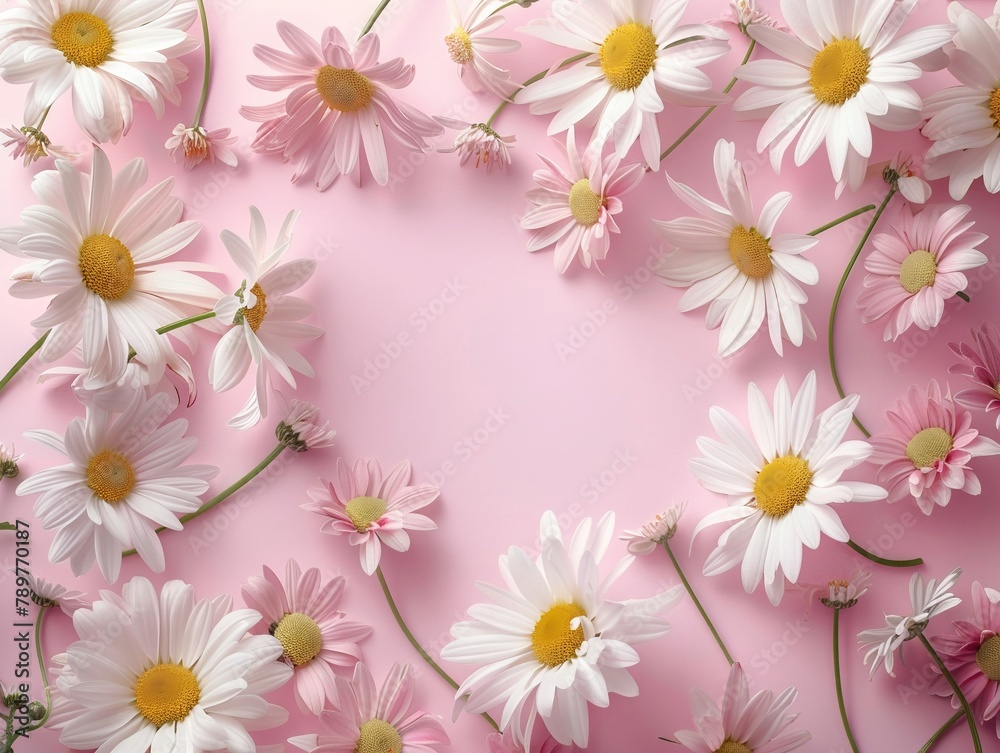 top view, light pink solid background frame from daisy flowers