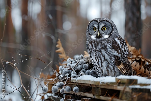 male boreal owl or Tengmalm s owl (Aegolius funereus) sitting on a forest pallet full of snowbells . photo
