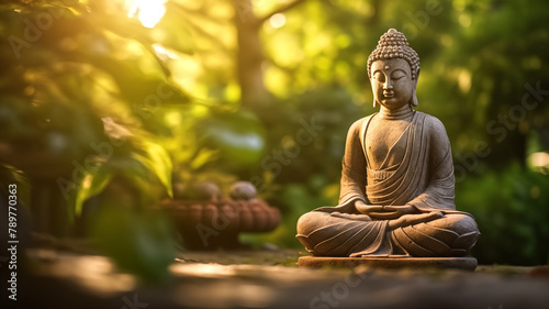 A serene Buddha statue meditates in the peaceful embrace of a garden as the setting sun casts a warm  golden light  invoking calm and spirituality. 