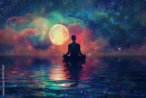 Man silhouette, meditation under stars, full moon, milky way, universe. Man silhouette in water, practicing meditation, contemplating to the stars, milky way. Colorful night sky with full moon and