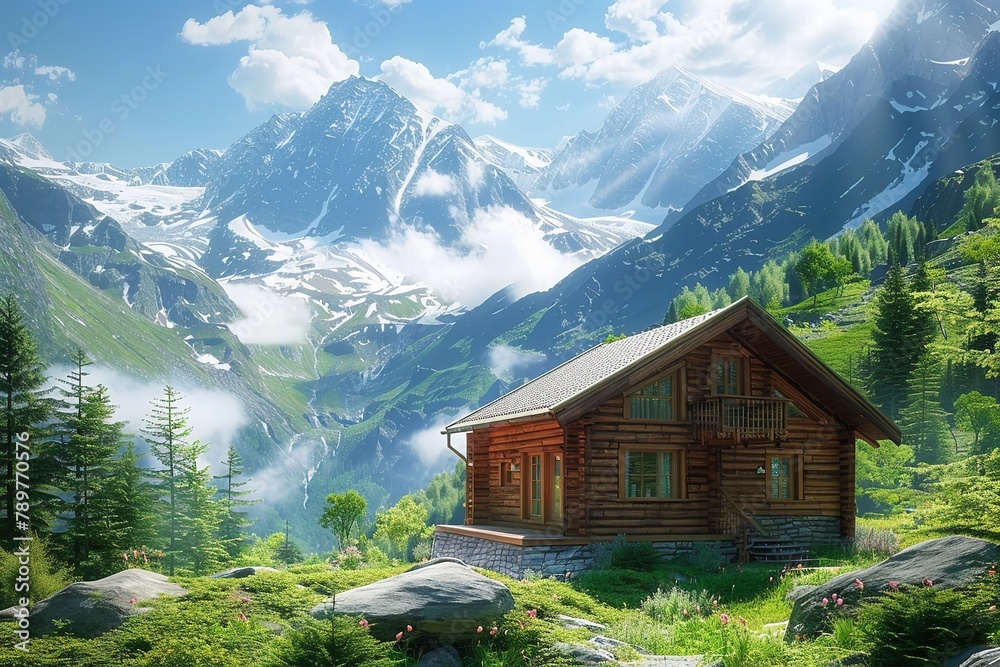 A wooden house over a lonely green mountain and blue sky a beautiful environment with a big space for text or traveling product advertisement, Generative AI.