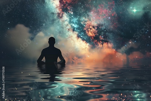 Man silhouette, meditation under stars, full moon, milky way, universe. Man silhouette in water, practicing meditation, contemplating to the stars, milky way. Colorful night sky with full moon and 