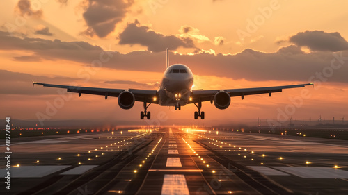 An airplane approaches landing with its lights gleaming against the runway, under the captivating sky of dusk. 