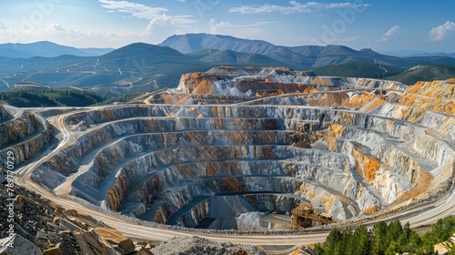 Aerial View of Vast Open Pit Mine Revealing Geological Formations and Potential Mineral Targets photo