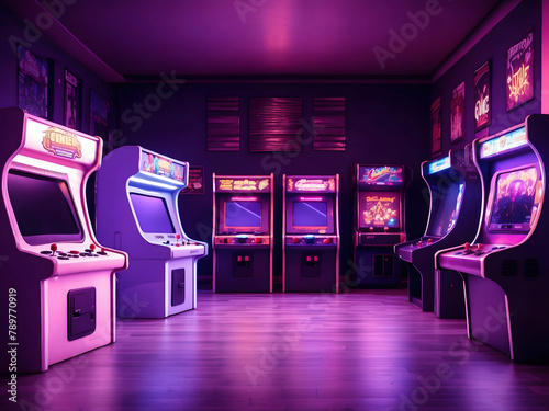 Arcade video games in an empty dark game room with purple light with a retro design look design.