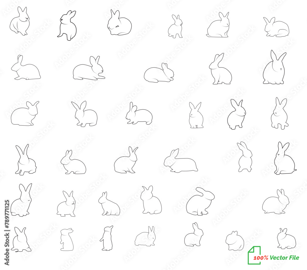 Rabbits Line art vector   Silhouettes of easter bunnies isolated on a white background. Set of different rabbits silhouettes for design use.
 vector icon. 