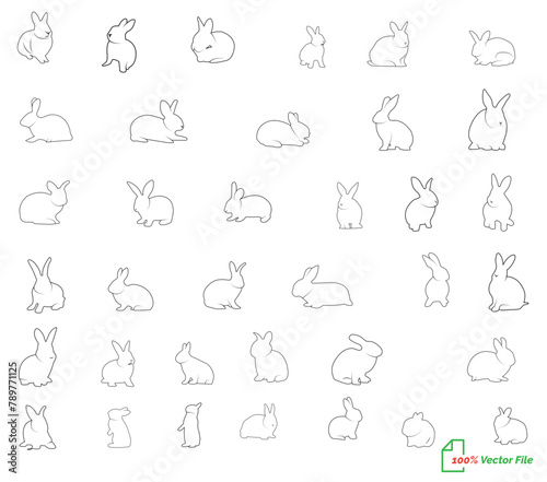 Rabbits Line art vector Silhouettes of easter bunnies isolated on a white background. Set of different rabbits silhouettes for design use. vector icon. 