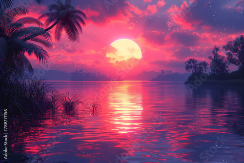 神秘的な夕日と湖のランドスケープ < Generative AI > photo