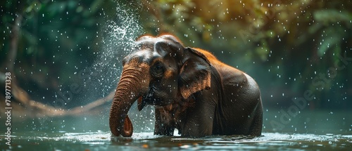 Portrait of a Asian Elephant is enjoying bathing in river or lake with a blurry nature backdrop and a big space for text or backdrop, Generative AI. © Our Scrapbook