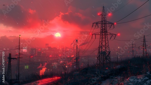 High voltage tower, high glued lines and lightning bolts in the sky. Energy concept. Glowing electric wires lightning with thunder in the background. Power line tower with sparks and flashlights