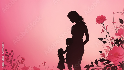 happy mother day A pink background with a silhouette of a mother and child.

