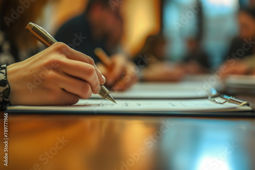 closeup hand holding pen with company meeting at the table, strong emotional