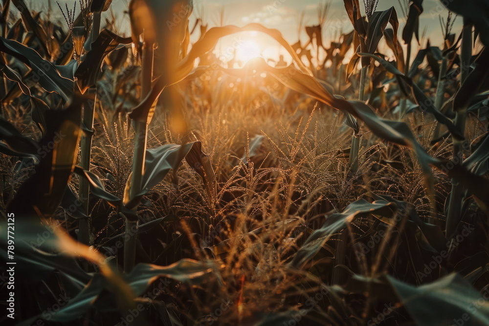 Fototapeta premium top view of corn field with sunset background, landscape, natural farm