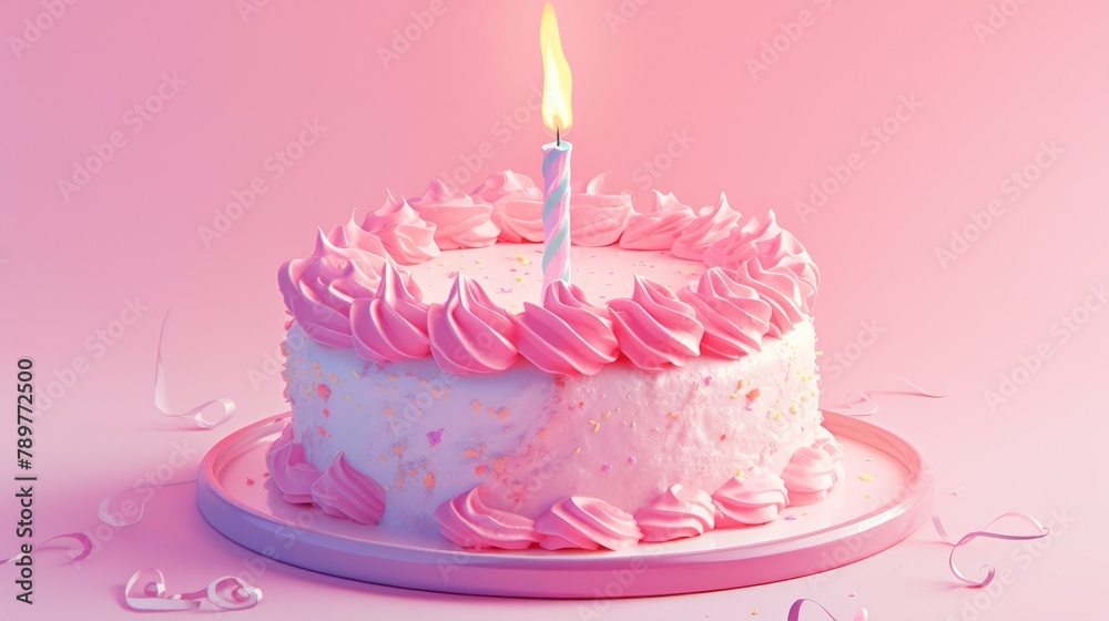 A delightful birthday cake in a charming pink hue against a pristine white backdrop
