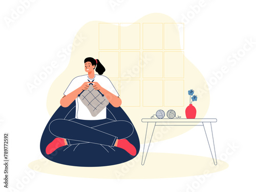 Woman knitting fabric. Craft vector illustration