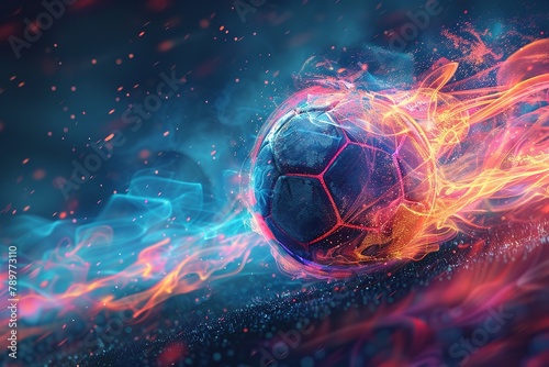 Football over a vigorous, vibrantly colored, digitally generated sport scene comprising neon, electrical discharges, and fire and space, Generative AI.