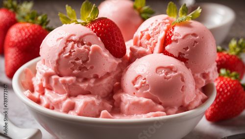 A bowl of strawberry ice cream with fresh strawberries on top