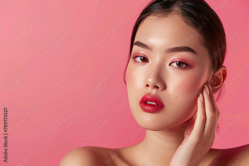 Young Asian beauty woman pulled back hair with korean makeup style touch her face and perfect skin on isolated pink background. Facial treatment, Cosmetology, plastic surgery - generative ai Young Asian beauty woman pulled back hair with korean makeup style touch her face and perfect skin on isolated pink background. Facial treatment, Cosmetology, plastic surgery - generative ai