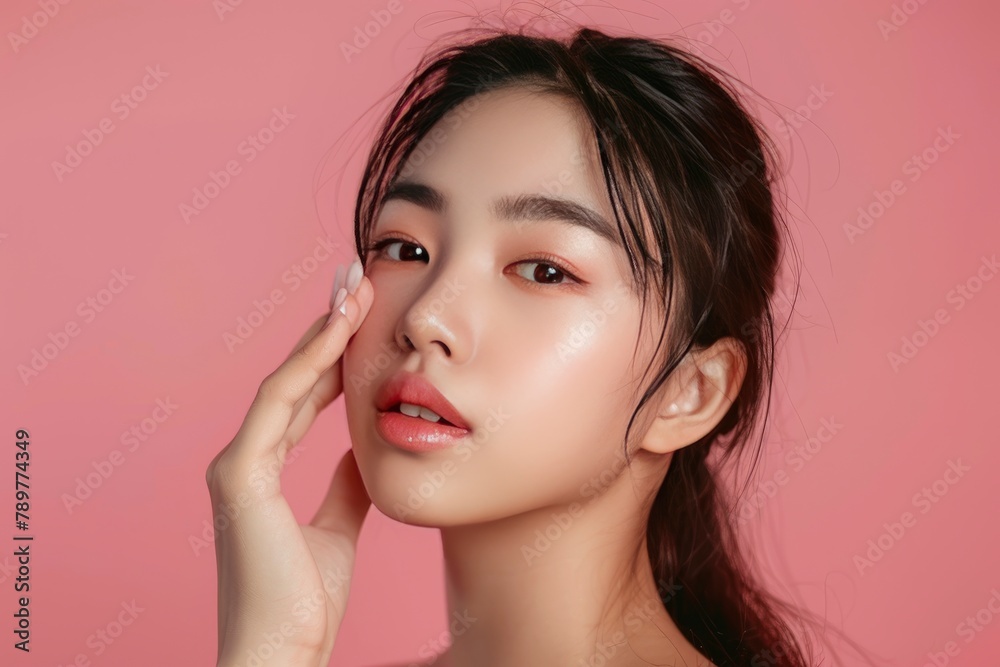 Young Asian beauty woman pulled back hair with korean makeup style touch her face and perfect skin on isolated pink background. Facial treatment, Cosmetology, plastic surgery - generative ai