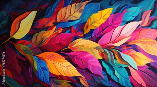 Illustrative depiction of a background filled with colorful leaves in abstract patterns © crazyass
