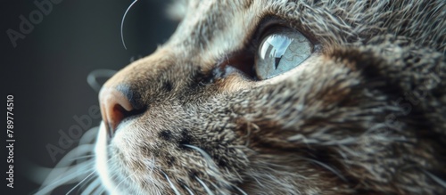A detailed view of a domestic feline's face, focusing on its whiskers, eyes, and fur, set against a softly blurred backdrop photo